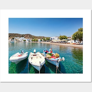 Fishing boats in the port of Psathi in Kimolos, Greece Posters and Art